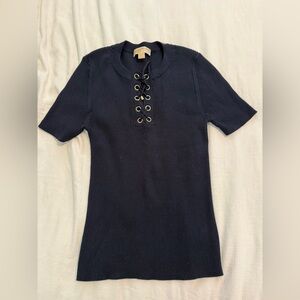 Michael Kors Short Sleeve Ribbed Sweater Tee Lace Tie Up Medium